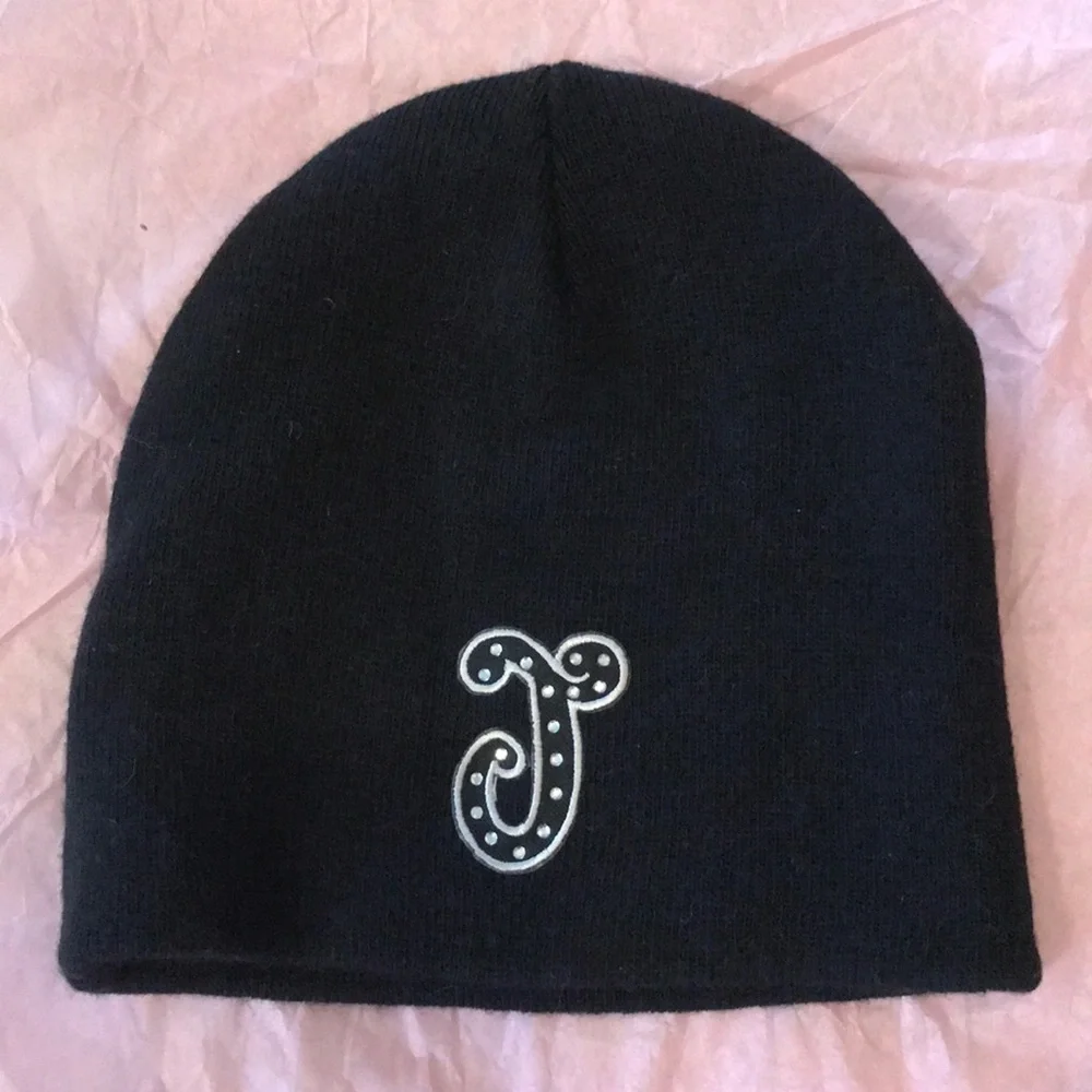 New JUSTICE rhinestone initial J letter knit beanie hat skull cap black warm